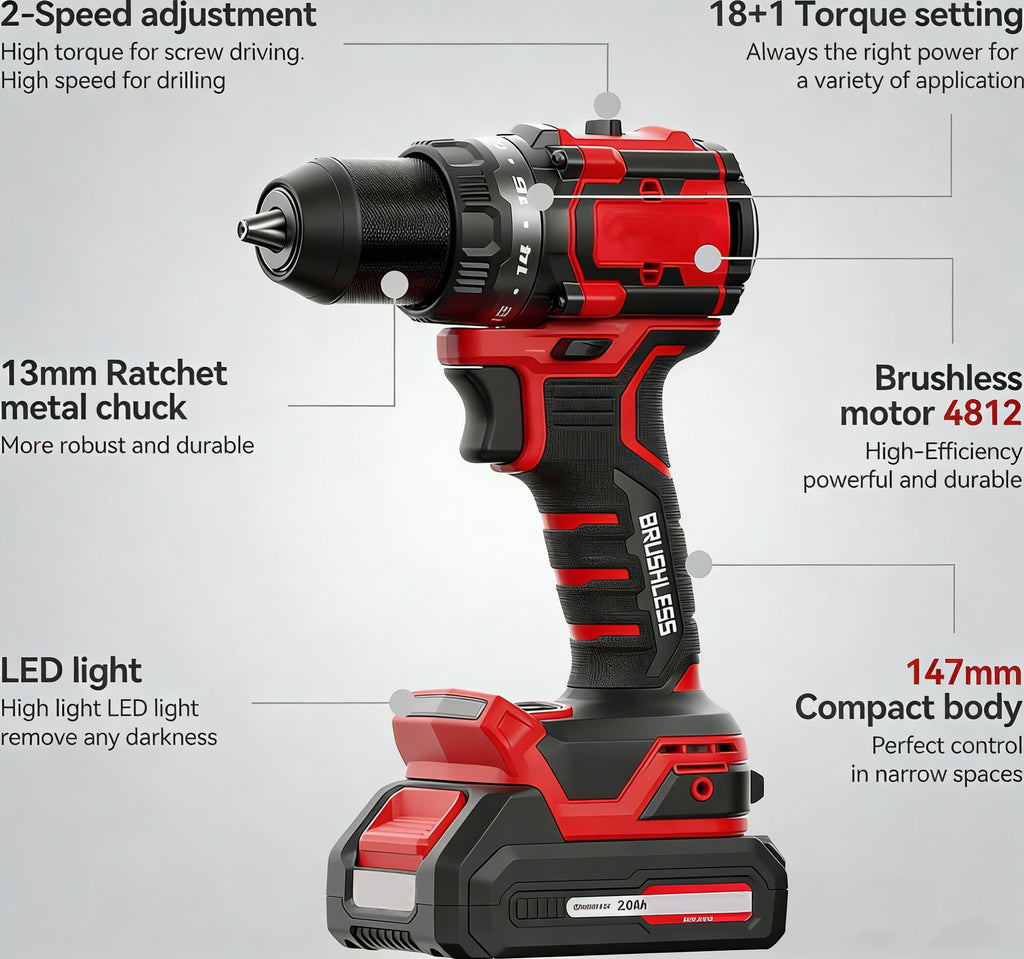 Jardinessent 20V Cordless Drill Set 70Nm with Battery Charger and Bit Kit