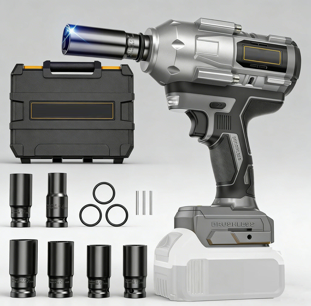 Jardinessent Cordless Brushless Impact Wrench 900 ft lbs with LED Light and Batteries
