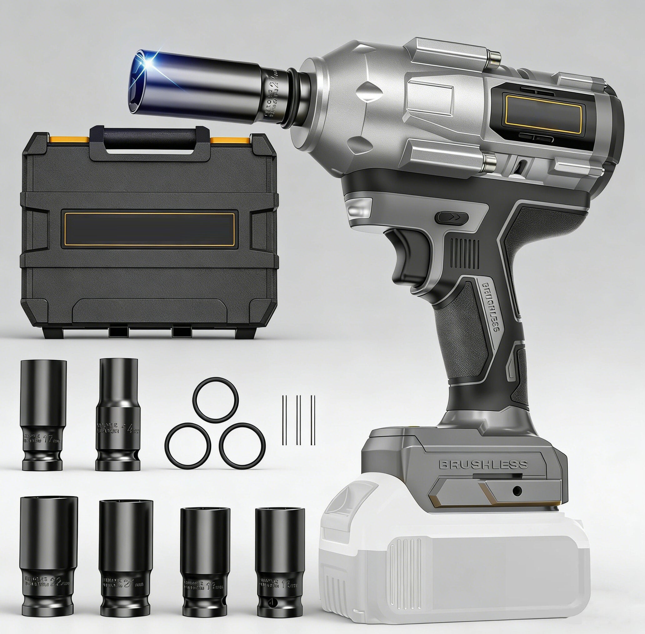 Jardinessent Cordless Brushless Impact Wrench 900 ft lbs with LED Light and Batteries