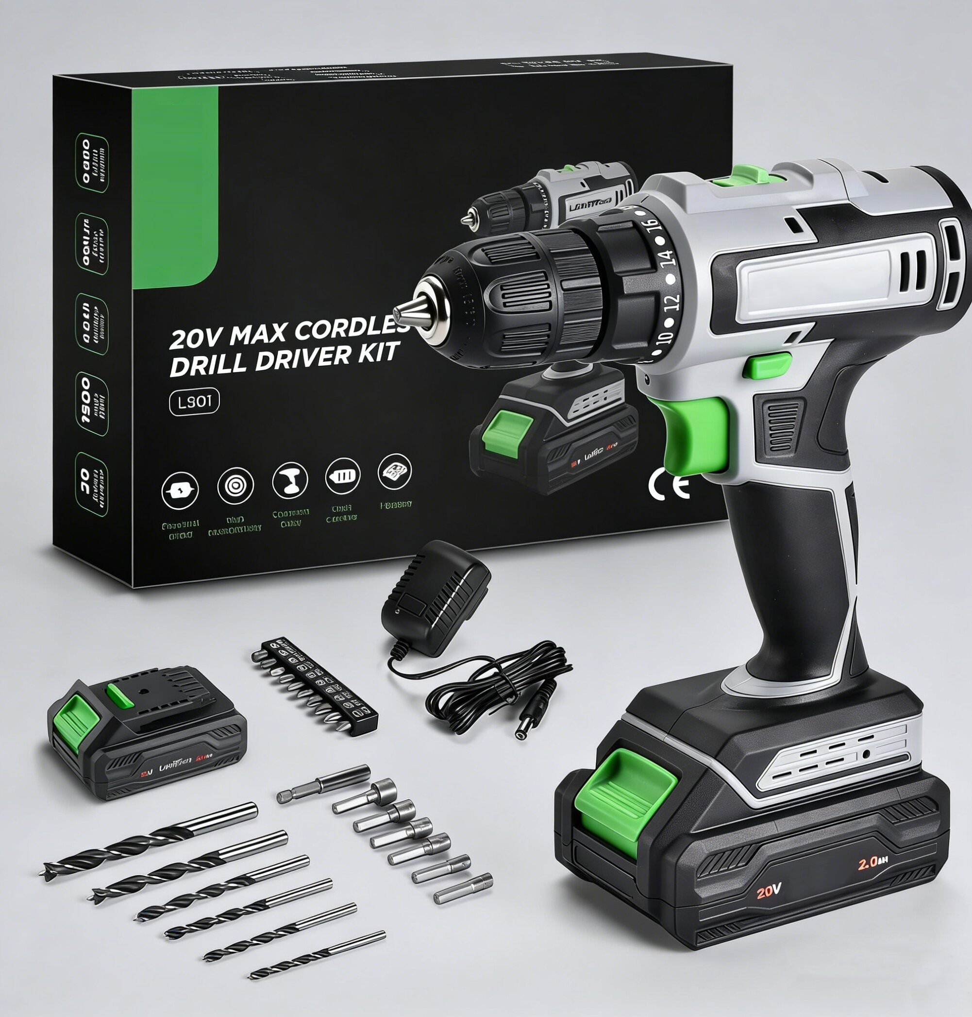 Jardinessent 20V Cordless Drill Set with LED Light 18 Plus 1 Torque Settings